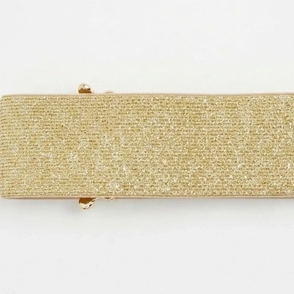 Gold Glitter Elastic Butterfly Buckle Cinch Belt Metallic Wide Waist Band Y2K
